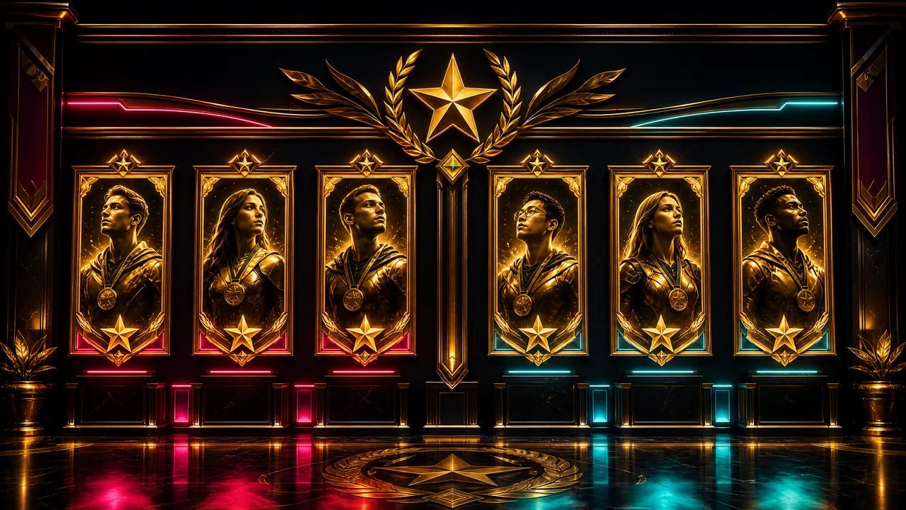 名人堂主视觉：手捧奖杯的历届年度总冠军创作者站在霓虹聚光灯下